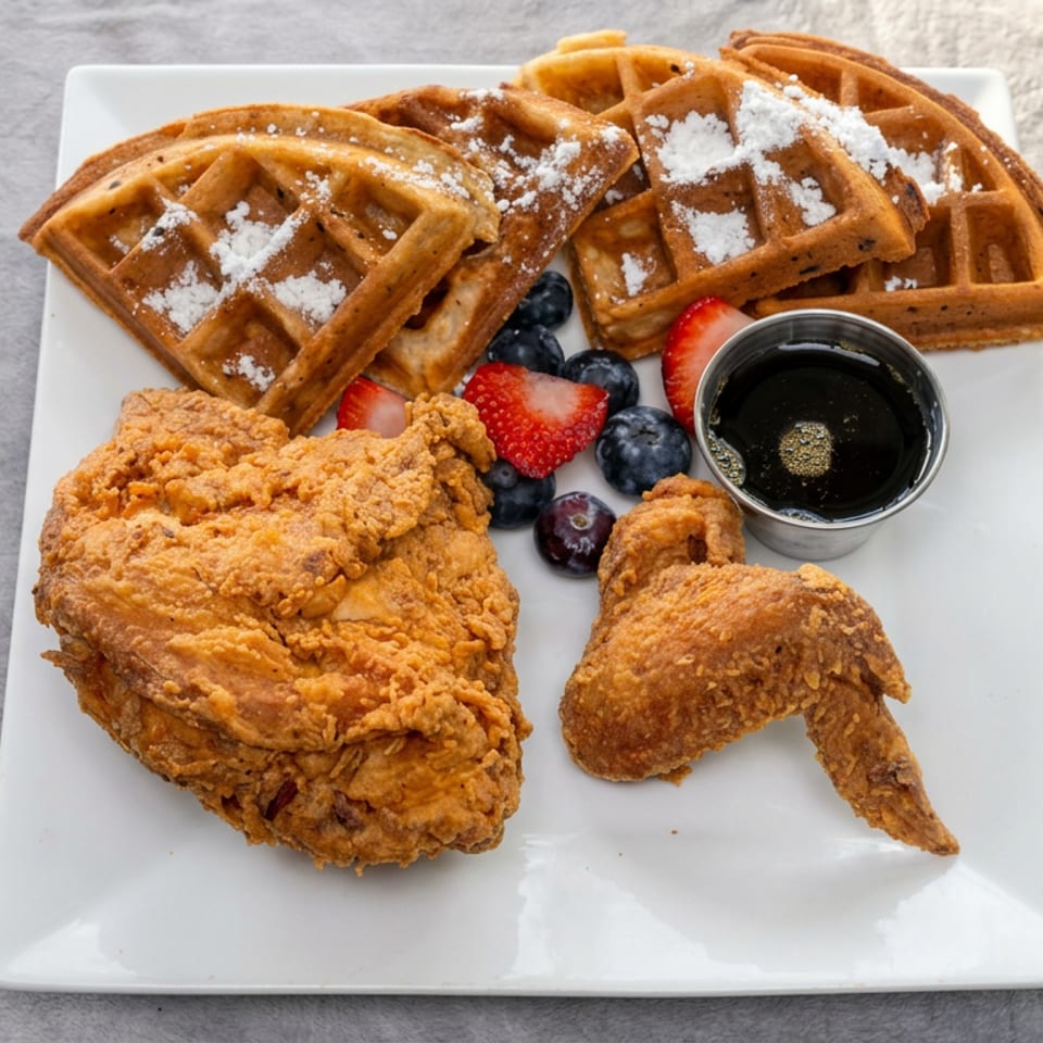 Crispy fried chicken, powdered-sugar waffles, berries, and syrup arranged on a white square plate.