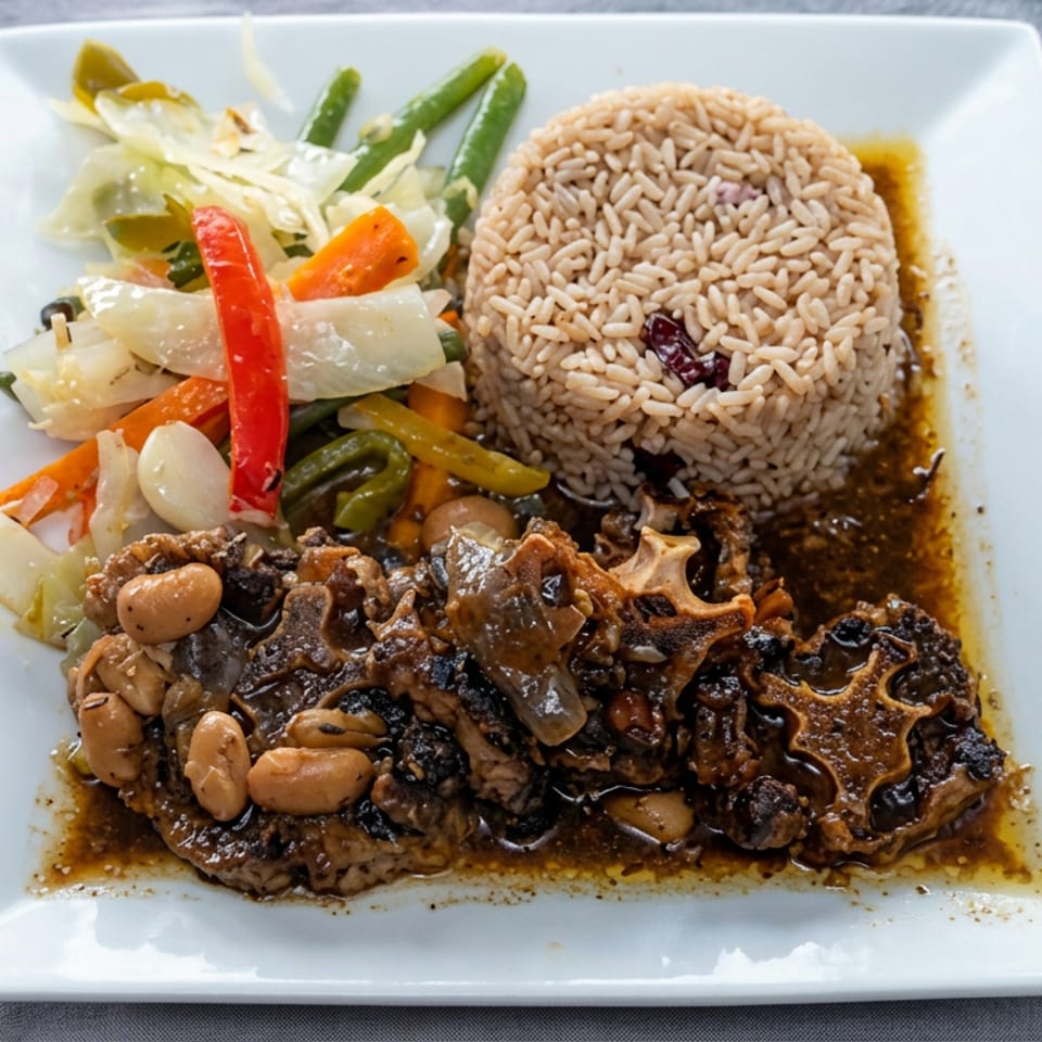 Plate of seasoned rice, saucy steak with mushrooms and beans, and mixed vegetables on a white square dish.