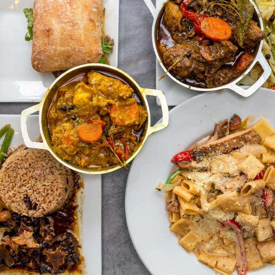 Overhead spread of Caribbean-style dishes including rice and beans, stews, vegetables, fries, sandwich, and creamy pasta.