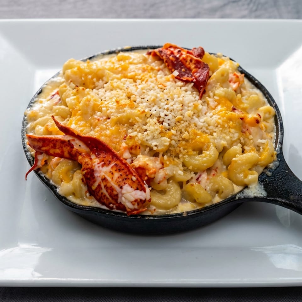 Creamy lobster macaroni and cheese topped with breadcrumbs, served in a black skillet on a white plate.