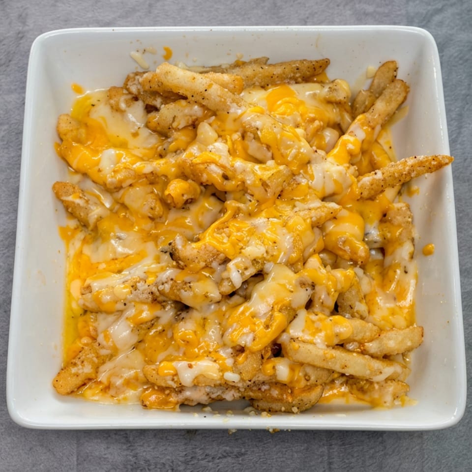 Crispy seasoned fries topped with melted cheddar and white cheese in a square white dish.